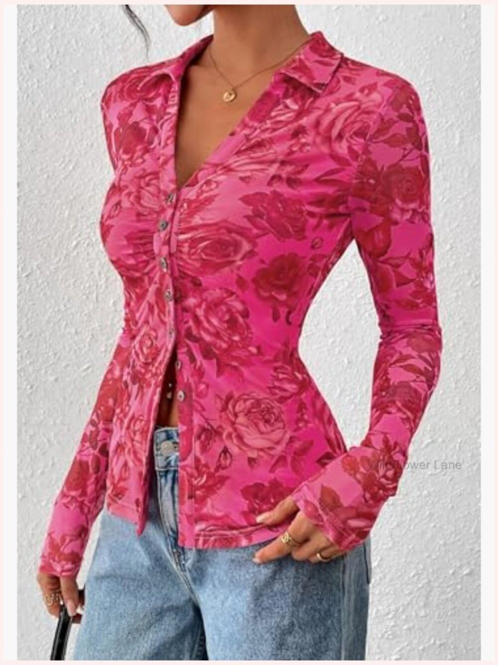 Women's Button Down Floral Mesh Blouse V Neck Long Sleeve Boho Top - Picture 6 of 7
